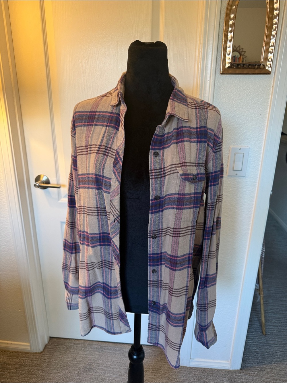 BDG Casual Plaid Button-Up Shirt - Purple and Cream